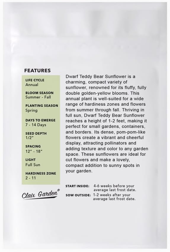 Sunflower Seeds - Teddy Bear - 50 Seeds - Heirloom, Non-GMO, USA Grown, Excellent for Pollinators, Annual, Deer Resistant - Sunflower Seeds for Any Home Garden