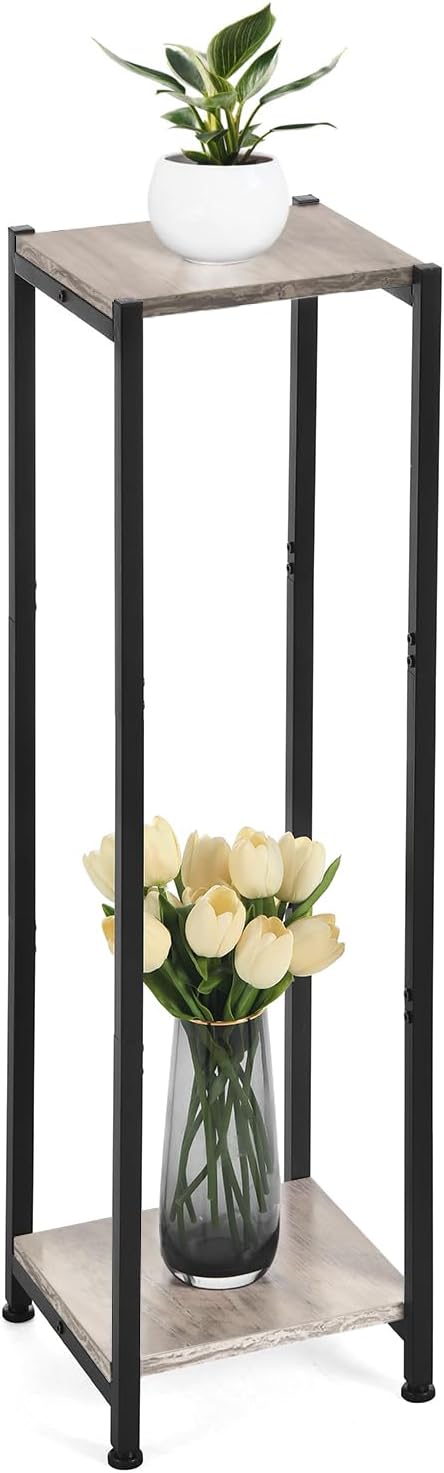 Extra Tall Plant Stand Indoor,40 Inch Plant Stands,2 Tier Metal Plant Stand with Heavy Duty Wood,Greige and Black