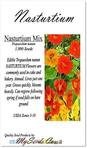 Big Pack - Nasturtium Flower Seed Mix (1,000) - Edible Tropaeolum nanum - Spurred, Flat-Faced Trumpet - Used in Cake & Bakery - Flower Seeds by MySeeds.Co (Big Pack - Nasturtium Mix)