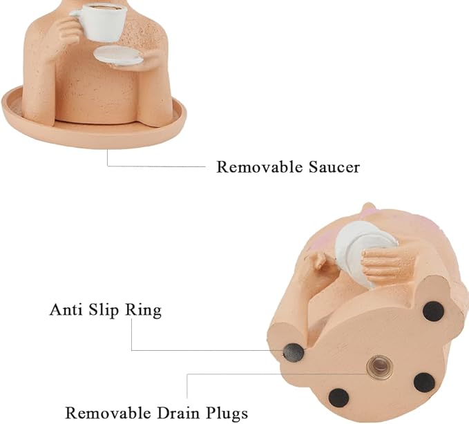 Face Planter Pots, Resin Face Planter for Indoor/Outdoor Plants,Head Planter with Drainage Hole/Removable Saucer,Girl Holding Coffe (Coffee, Light)