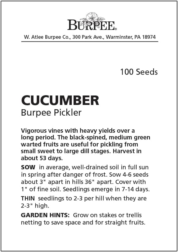 Burpee 'Pickler' Cucumber Seeds, 100 Non-GMO seeds, Container Friendly, Burpee Exclusive