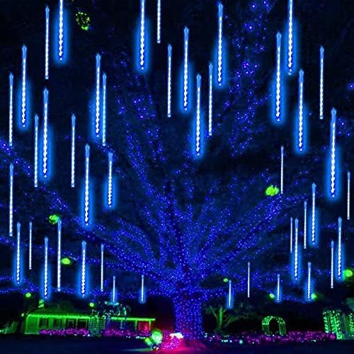 EXF 2-Pack Christmas Decorations Light Outdoor, Meteor Shower Lights 16 Tubes 384 LEDs Indoor Outdoor Rain Drop String Lights for Xmas Tree Roof (Blue)