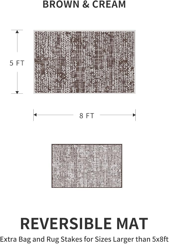 MontVoo Outdoor Rug Waterproof-Patio Rug Mat 5x8 Outdoor Carpet Reversible RV Camping Picnic Plastic Straw Rug Outside Outdoor Area Rug for Balcony Deck Backyard Patio Decor Boho Modern-Brown