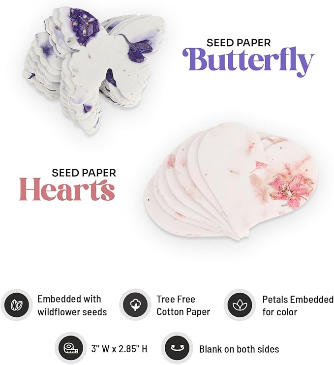 48pcs Plantable Wildflower Seed Paper – 24 Heart & 24 Butterfly Shapes for Weddings, Showers, & Life Events