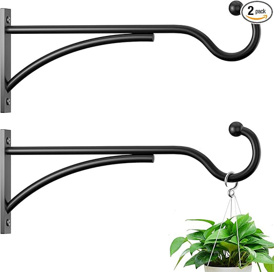 Outdoor Plant Hanging Hooks for Wall: 11 Inch Black Metal Bracket for Hanging Baskets, Bird Feeders, Wind Chimes, Flower Baskets, Yoga Mat, Lanterns. 2 Pack