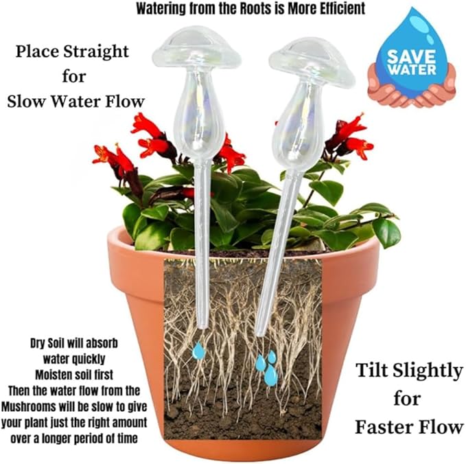 Evelots Plant Self Watering Glass Globes, Iridescent Mushroom Shaped Bulbs (4 Pack) Automatic Water Irrigation System for Plants with Funnel, Indoor & Outdoor Use -Extra Long 9 Inches