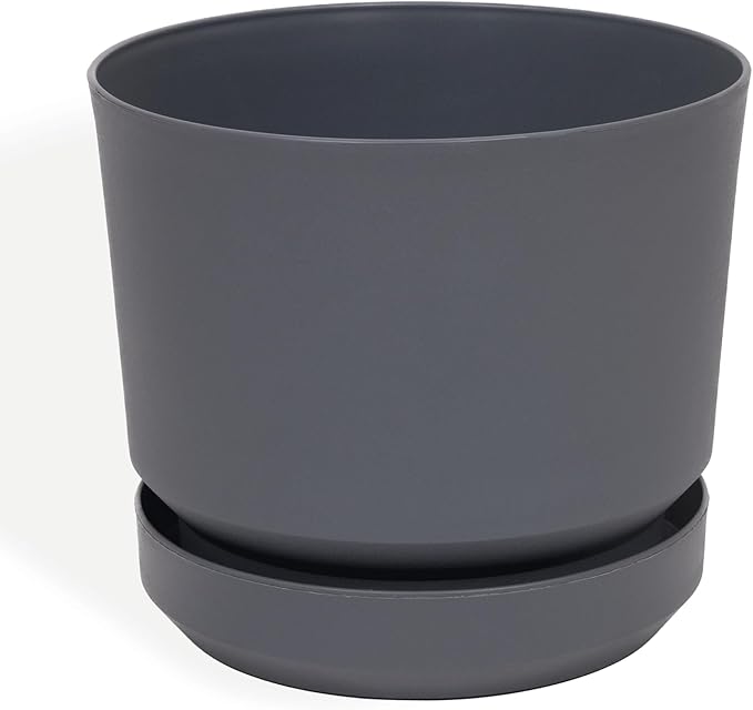 Elly Décor 8 inch Plastic Cylinder Planter Pot with Self-Watering Saucer and Drainage Hole,Lightweight & Extremely Durable, 8"x 8", Gray