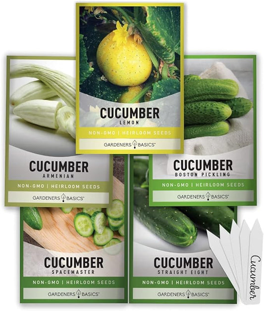 Gardeners Basics, Cucumber Seeds for Planting Outdoors 5 Variety Pack Armenian, Boston Pickling, Lemon, Spacemaster, Straight Eight Veggie Seeds
