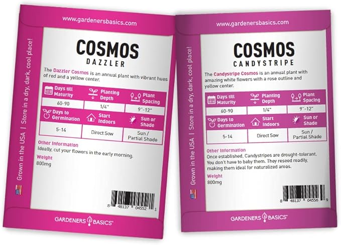 Gardeners Basics, Cosmos Seeds for Planting Outdoors Flower Seeds (4 Variety Pack) Cosmos Candystripe, Sensation Mix, Dazzler, Purity Pink and White Varieties for Bees, Pollinators Wildflower Seed
