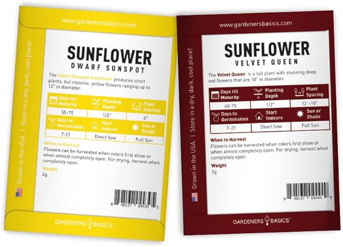 Gardeners Basics, Sunflower Seeds for Planting Flowers (5 Pack Mix) - Velvet Queen, Dwarf Sunspot, Lemon Queen, Giant and Mammoth Bulk Mix of Regular Sunflower Seeds for Outdoor Flower Garden