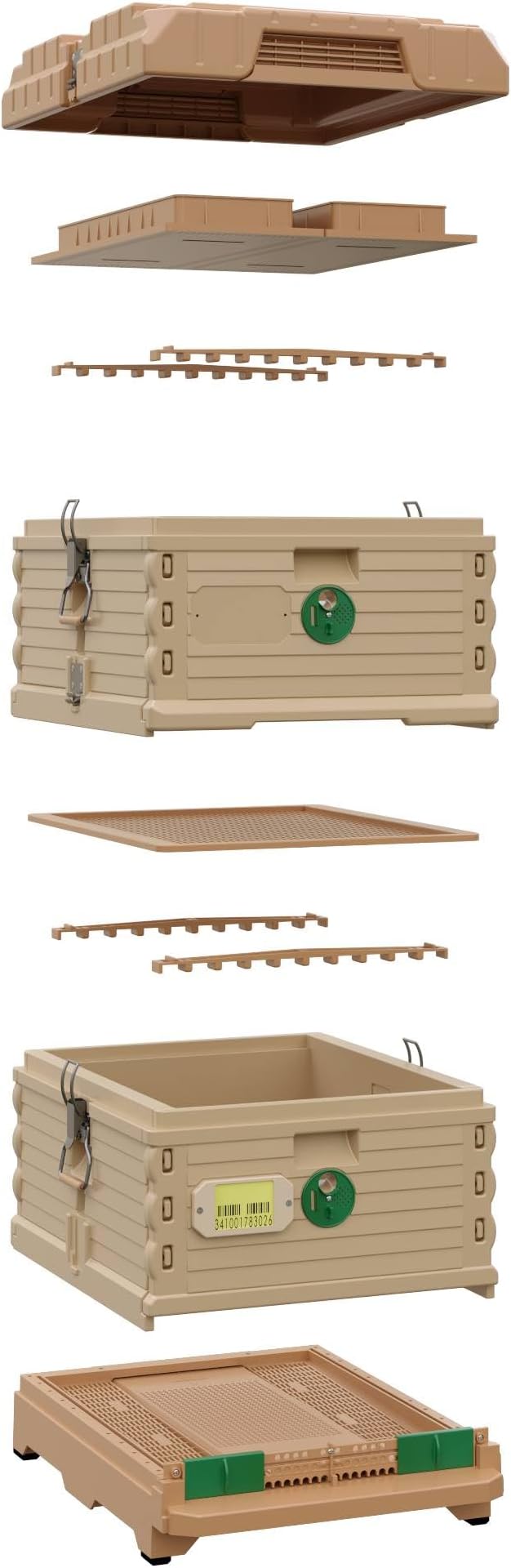 Ergo Insulated 10 Frame Bee Hive Set [NO Frames Included] (Double Deep, Tan Body Green Entrance)