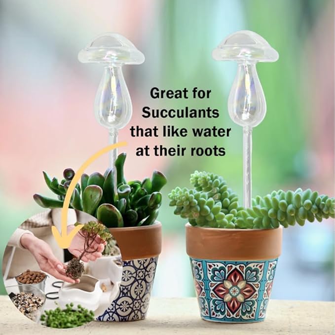 Evelots Plant Self Watering Glass Globes, Iridescent Mushroom Shaped Bulbs (4 Pack) Automatic Water Irrigation System for Plants with Funnel, Indoor & Outdoor Use -Extra Long 9 Inches