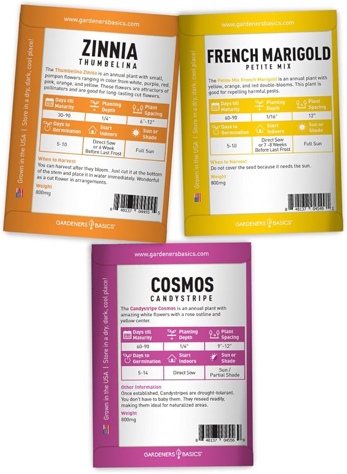 Gardeners Basics, Flower Garden Seeds for Planting Outdoors Flower Seeds (5 Variety Pack) Daisy, Marigold, Cosmos, Sunflower, Zinnia Varieties for Bees, Pollinators Wildflower Seed