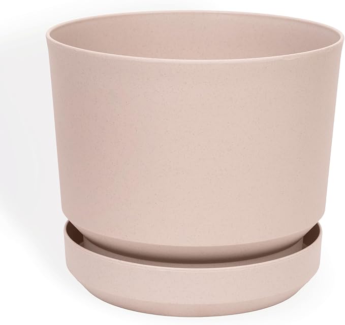 Elly Décor 14 inch Plastic Cylinder Planter Pot with Self-Watering Saucer and Drainage Hole,Lightweight & Extremely Durable, 14"x 14", Ivory