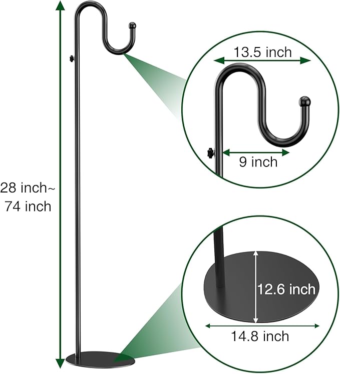 74" Shepherds Hook Stand for Plant: Hanging Bird Feeders, Plants, Lanterns, Wreath and Wind Chimes, Adjustable Free Standing Pole Holder with Heavy Duty Base for Indoor & Outdoor, Holds Up to 20 LBS