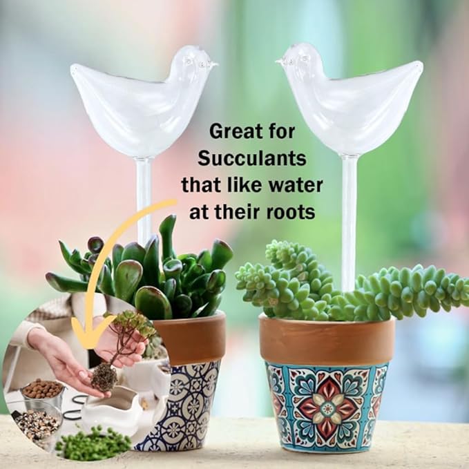 Evelots Plant Self Watering Glass Globes, Bird Shaped Bulbs (4 Pack) Automatic Water Irrigation System for Plants with Funnel, Indoor & Outdoor Use -Extra Long 9.5 Inches