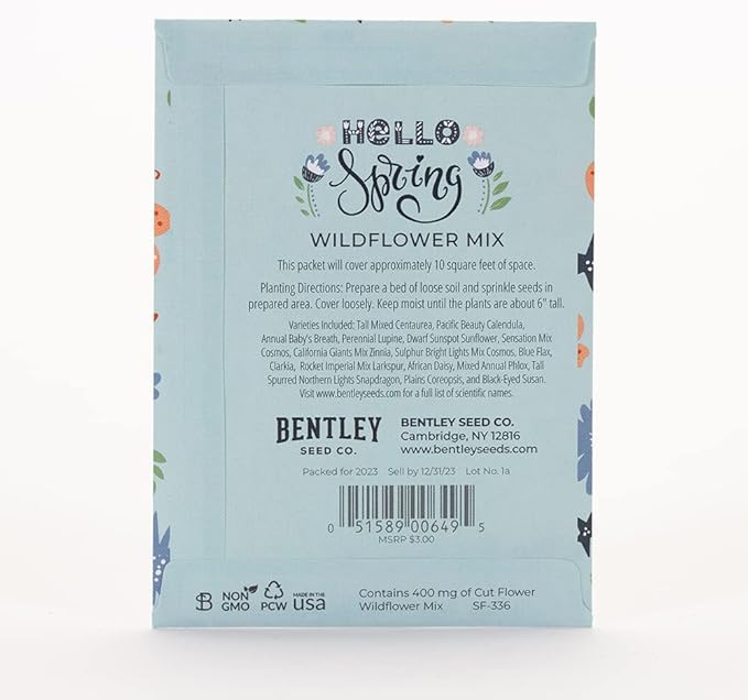 Hello Spring Blue Background - Wildflower Mix Seed Packets: 25 Wildflower Seed Packets for Planting - Flower Seeds - Garden Seed to Grow Live Plants - Spring Flowers - Bentley Seed Co.