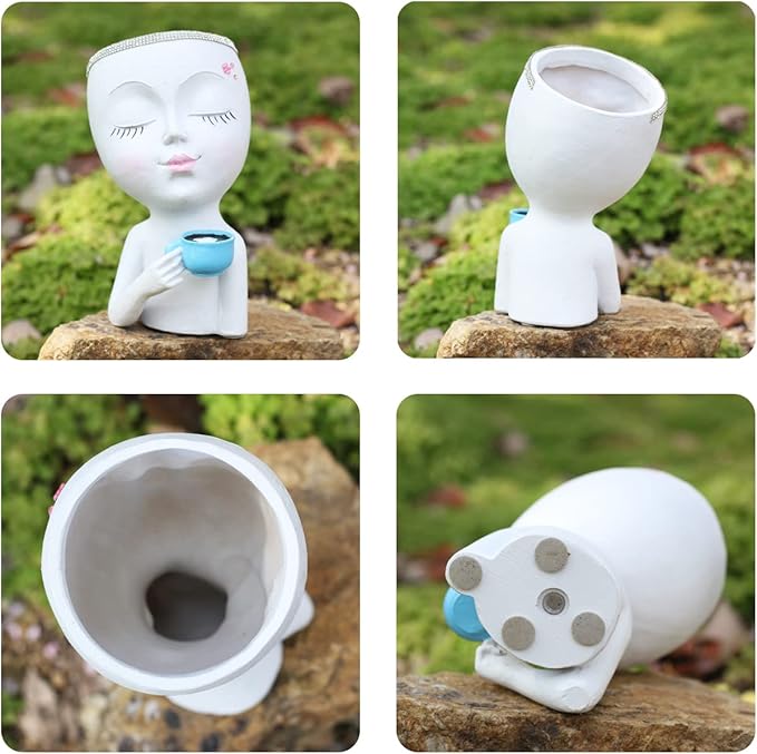 Face Planter Pot with a Base- Face Flower Pot for Indoor Outdoor Plants Resin Succulent Planter with Drainage Hole Cute Lady Face Plant Pots, White