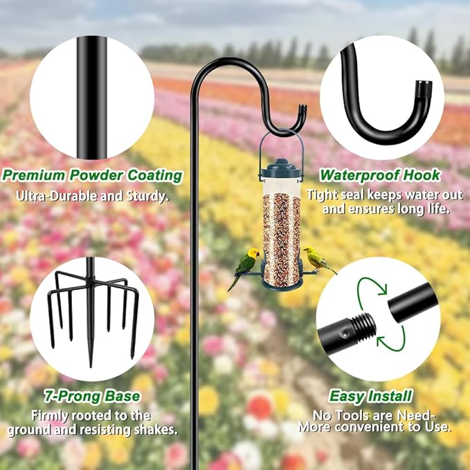 72" Shepherds Hooks for Outdoor, Heavy Duty Bird Feeder Pole with 7 Base Prongs, Adjustable Garden Hanging Holder for Bird Feeders, Solar Light Lanterns, Garden Plant Hanger Stands, 2 Packs