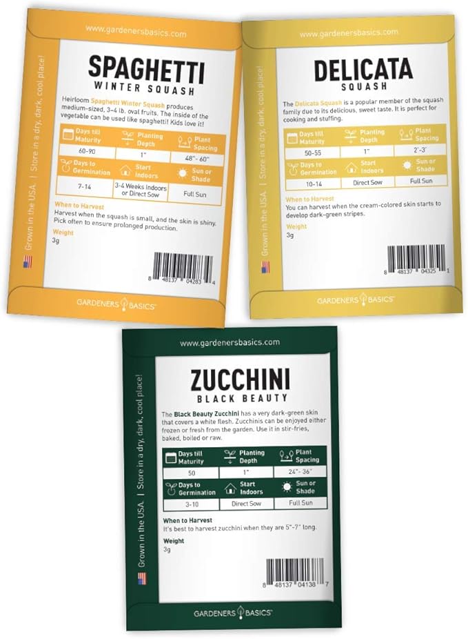 Gardeners Basics, Squash Seeds for Planting 5 Individual Packets - Zucchini, Delicata, Butternut, Spaghetti and Golden Crookneck for Your Non GMO Heirloom Vegetable Garden