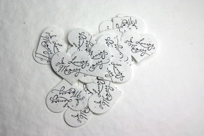 Of The Earth Handmade Paper - Wildflower Seed Paper Small Heart Tags - Calligraphy Variations - 1.75" X 1.5" - Set of 50 (in Loving Memory)