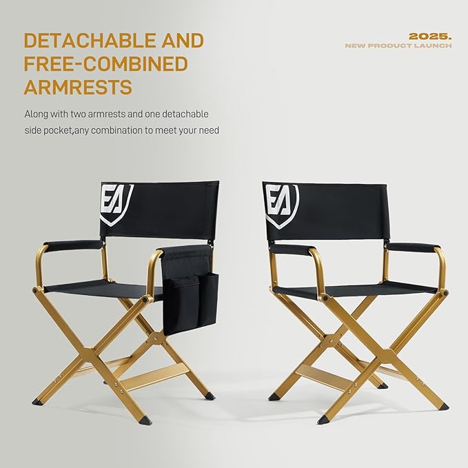 EVER ADVANCED Aluminum Directors Chair, Folding Studio Movie Chairs Camping Event Vendor Chair, 19" Seat Height Black Fabric/Golden Frame, Support 350lbs