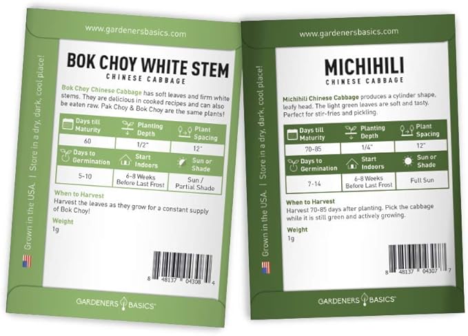 Gardeners Basics, Cabbage Seeds for Planting 5 Individual Packets Bok Choy, Michihili (Napa) Chinese Cabbage, Red, Golden Acre and Copenhagen Market Early for Your Non GMO Heirloom Vegetable Garden