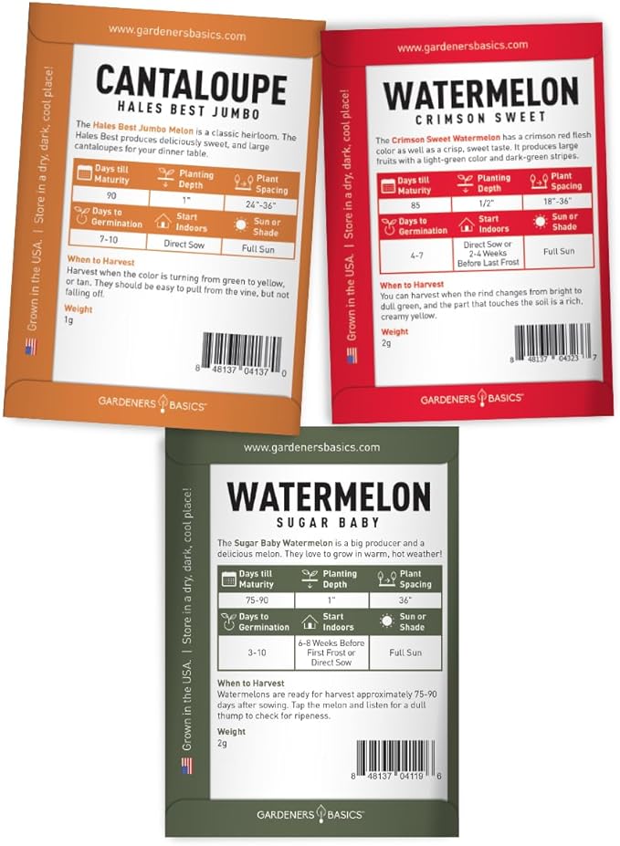 Gardeners Basics, Melon Fruit Seeds for Planting Home Garden 5 Variety Packs - Hales Best Cantaloupe, Crimson Sweet Watermelon, Yellow Canary Melon, Green Flesh Honeydew Melon, Sugar Baby Watermelon
