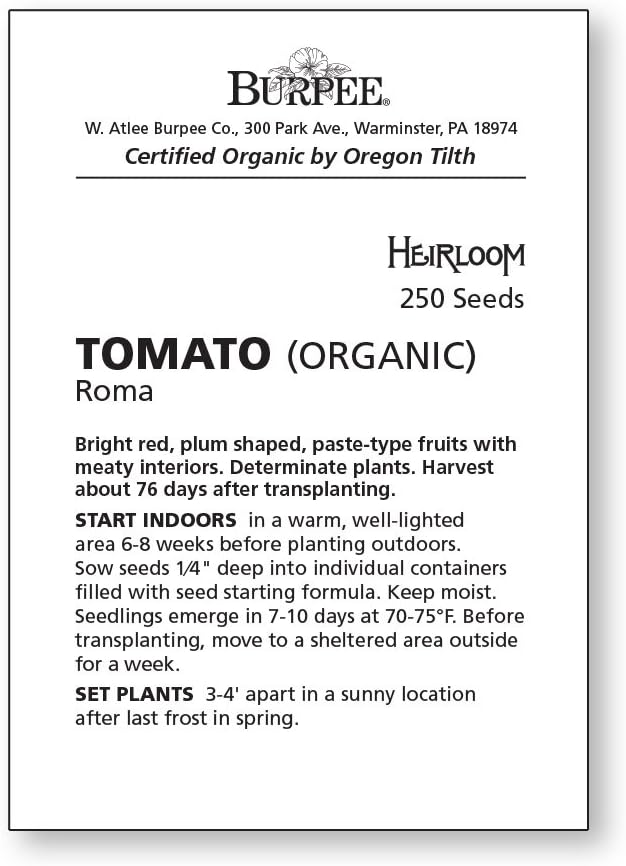 Burpee 'Roma' Organic, Red Sauce & Paste Tomato, 250 Non-GMO Seeds