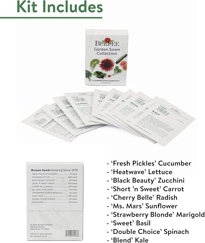 Burpee Garden Sown Flower, Herb & Vegetable 10 Packs of Non-GMO Basil, Lettuce, Cucumber, Radish, Spinach, Kale, Zucchini, Sunflower & Marigold, Seeds for Planting