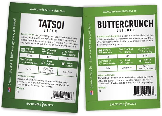 Gardeners Basics, Hydroponic Seeds for Planting Planting Indoors and Outdoor 5 Variety Pack - Tatsoi, Kale, Buttercrunch, Romaine and Loose Leaf Lettuce Seeds