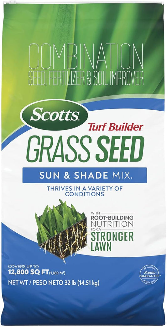 Scotts Turf Builder Grass Seed Sun & Shade Mix with Fertilizer and Soil Improver, Thrives in Many Conditions, 32 lbs.