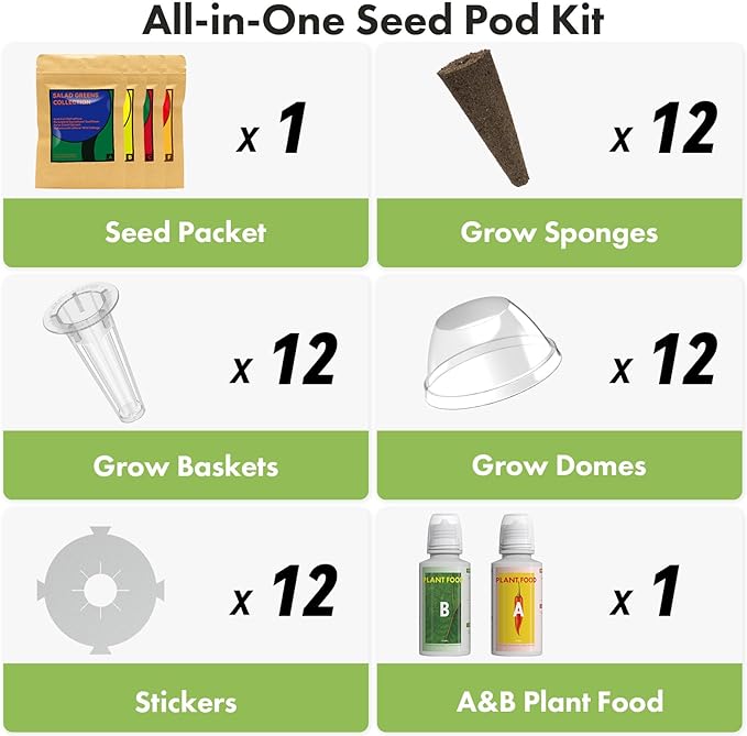 LYKOCLEAN Salad Greens Seeds Pods for AeroGarden, idoo Hydroponics, 12-pods 350+ Seeds(Include American Fast Lettuce,Paris Island Lettuce,Cauliflower, Spinach,Buttercrunch Lettuce,Cabbage)