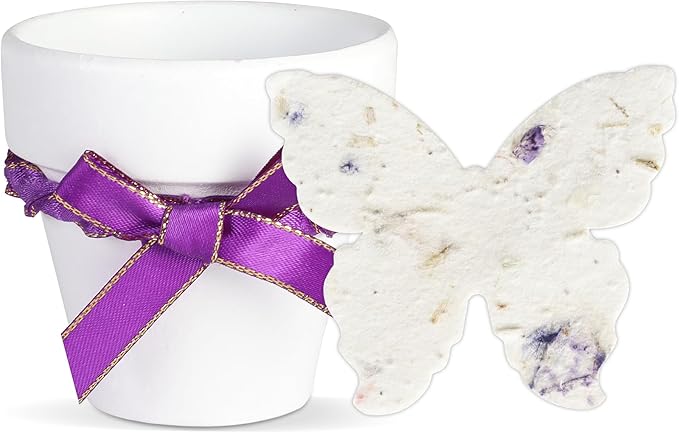 Set of 6 Seed Paper – 6 Purple Butterflies & 6 White Pots with Bow for Weddings & Life Events