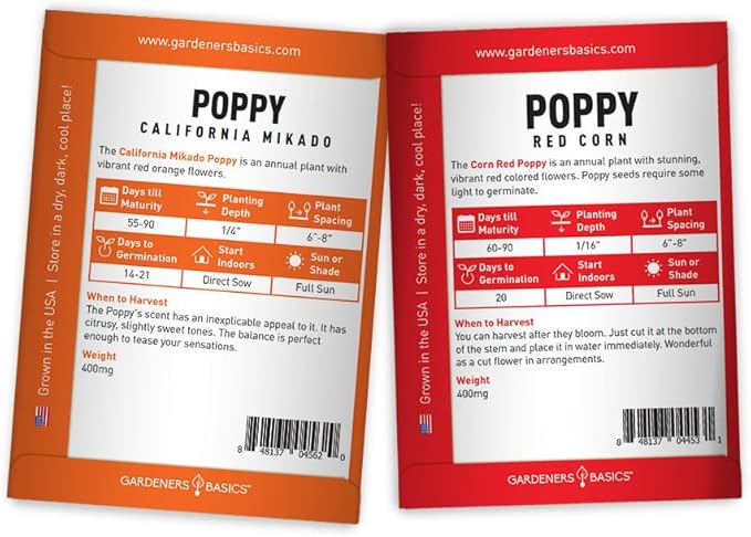 Poppy Seeds for Planting Outdoors Flower Seeds (4 Variety Pack) Poppies Iceland, California, California Mikado and Red Corn Varieties for Bees, Pollinators Wildflower Seed by Gardeners Basics