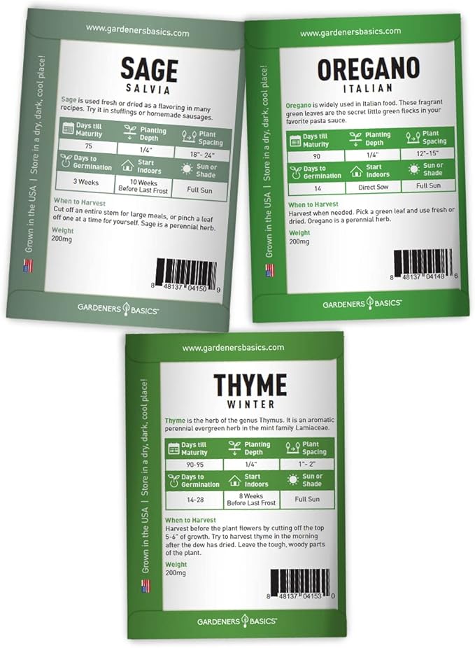 Gardeners Basics, Italian Herb Seeds for Planting 5 Variety Herbs Seed Packets Including Italian Flat Leaf Parsley, Sage, Oregano, Thyme, Basil - Great for Kitchen Herb Garden, Hydroponics Heirloom