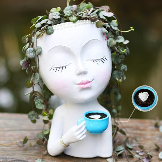 Face Planter Pot with a Base- Face Flower Pot for Indoor Outdoor Plants Resin Succulent Planter with Drainage Hole Cute Lady Face Plant Pots, White