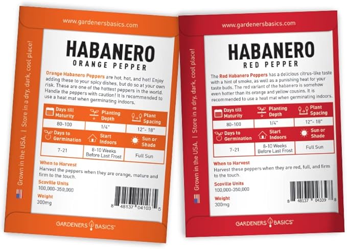 Gardeners Basics, Hot Pepper Seeds for Planting Ghost Habanero - 5 Varieties Pack Ghost Pepper Seeds, Red, Orange, Yellow, White Habanero Seeds for Planting in Garden Non GMO, Heirloom Peppers Seeds