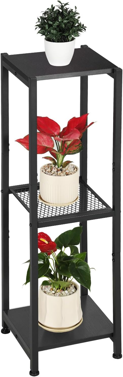Extra Tall Plant Stand Indoor,40 Inch Plant Stands,3 Tier Metal Plant Stand with Heavy Duty Wood and Metal Mesh Shelf,Black