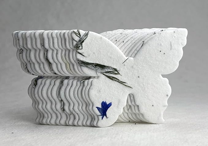Of The Earth Handmade Paper - Wildflower Seed Paper Butterfly Shape - Large 3" - Set of 24 (30s Bachelor Button & Fern)