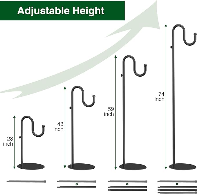 74" Shepherds Hook Stand for Plant: Hanging Bird Feeders, Plants, Lanterns, Wreath and Wind Chimes, Adjustable Free Standing Pole Holder with Heavy Duty Base for Indoor & Outdoor, Holds Up to 20 LBS