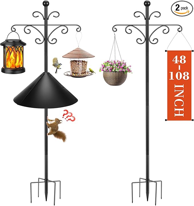 Bird Feeder Pole for Outdoors Heavy Duty Squirrel Proof, 2 Pack 108 Inch Adjustable Tall Shepherds Hooks for Outdoor with 5 Prongs Base, Double Shepherd Hooks (2 Pack Black, 108 Inch)