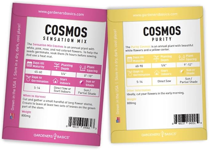 Gardeners Basics, Cosmos Seeds for Planting Outdoors Flower Seeds (4 Variety Pack) Cosmos Candystripe, Sensation Mix, Dazzler, Purity Pink and White Varieties for Bees, Pollinators Wildflower Seed