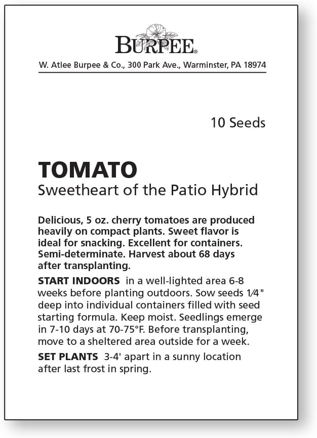 Burpee 'Sweetheart of the Patio', Red Cherry Tomato, 10 Non-GMO Seeds