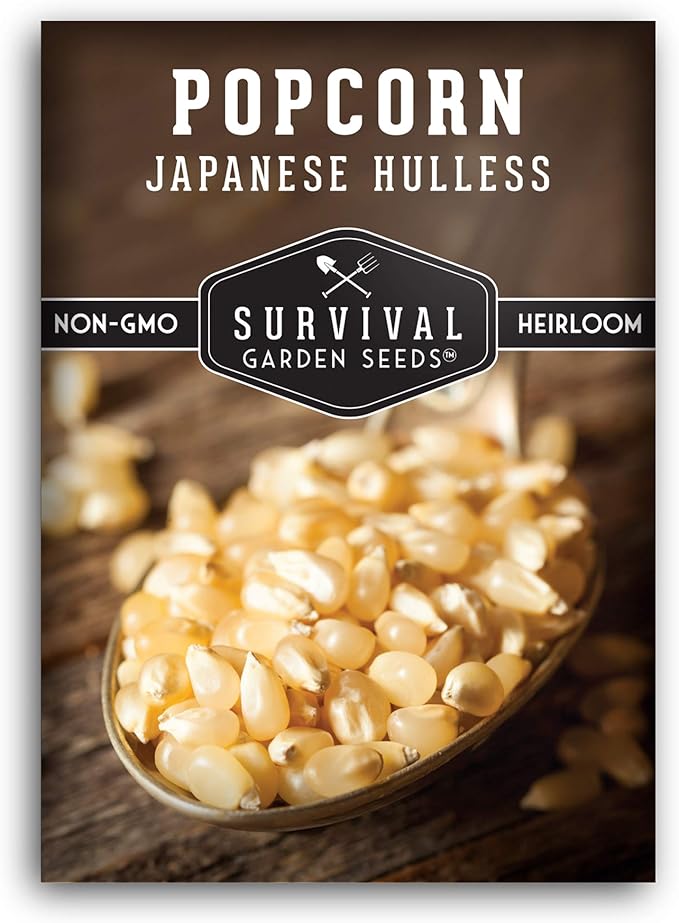 Survival Garden Seeds - Japanese Hulless Popcorn Seed for Planting - Packet with Instructions to Plant and Grow Delicious Kernel Popcorn in Your Home Vegetable Garden - Non-GMO Heirloom Variety