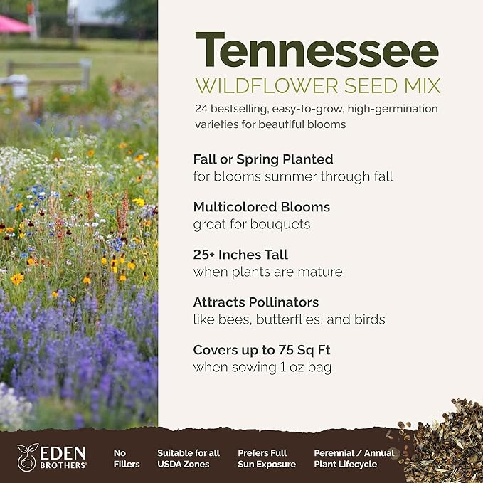 Eden Brothers Tennessee Wildflower Mixed Seeds for Planting, 1 oz, 30,000+ Seeds with Cosmos, Black Eyed Susan | Attracts Pollinators, Plant in Spring or Fall, Zones