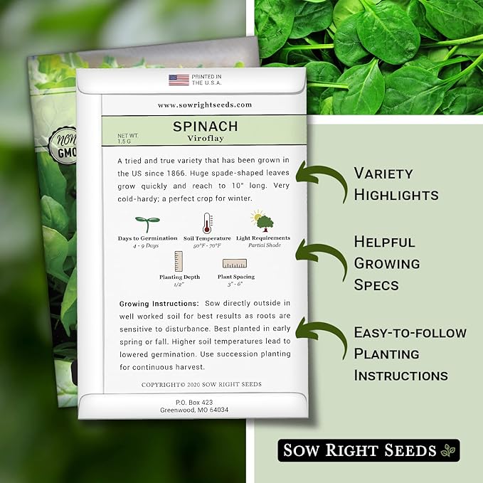 Sow Right Seeds - Viroflay Spinach Seed for Planting - Non-GMO Heirloom Packet with Instructions to Plant a Vegetable Garden - Grow Leafy Green Nutritious Superfood - Hydroponic Growing Friendly (3)