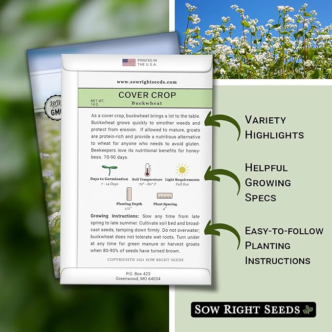 Sow Right Seeds - Annual Buckwheat Seed for Planting - Cover Crops to Plant in Your Home Vegetable Garden - Enriches Soil - Suppresses Weeds - Helps Erosion - Non-GMO Heirloom Seeds - Great Gift (1)