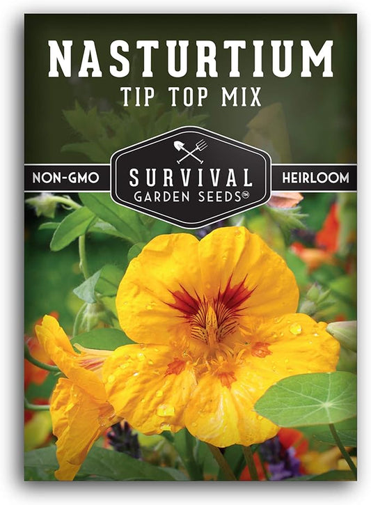 Survival Garden Seeds - Tip Top Mix Nasturtium Seed for Planting - 1 Pack with Instructions to Plant and Grow Edible Flowers & Companion Plants in Your Home Vegetable Garden - Non-GMO Heirloom Variety