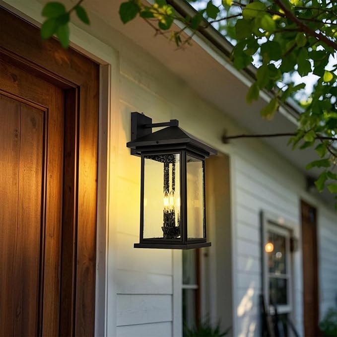 Extra-Large Outdoor Wall Sconce, Wall Lantern, Wall Light with Tempered Clear Seeded Glass, Matte Black Finish for Outdoor